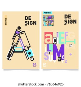 Vector covers design set with retro style. Cool geometric memphis style poster template with alphabets typography. Summer and autumn design template.