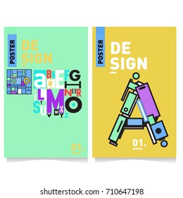 Vector covers design set with retro style. Cool geometric memphis style poster template with alphabets typography. Summer and autumn design template.