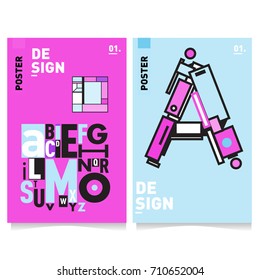 Vector covers design set with retro style. Cool geometric memphis style poster template with alphabets typography. Summer and autumn design template.