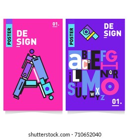 Vector covers design set with retro style. Cool geometric memphis style poster template with alphabets typography. Summer and autumn design template.