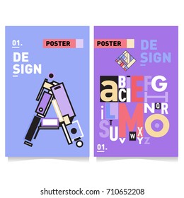 Vector covers design set with retro style. Cool geometric memphis style poster template with alphabets typography. Summer and autumn design template.