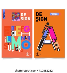 Vector covers design set with retro style. Cool geometric memphis style poster template with alphabets typography. Summer and autumn design template.