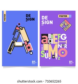 Vector covers design set with retro style. Cool geometric memphis style poster template with alphabets typography. Summer and autumn design template.