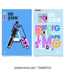 Vector covers design set with retro style. Cool geometric memphis style poster template with alphabets typography. Summer and autumn design template.