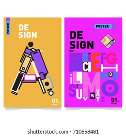 Vector covers design set with retro style. Cool geometric memphis style poster template with alphabets typography. Summer and autumn design template.