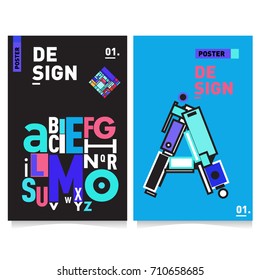 Vector covers design set with retro style. Cool geometric memphis style poster template with alphabets typography. Summer and autumn design template.