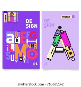 Vector covers design set with retro style. Cool geometric memphis style poster template with alphabets typography. Summer and autumn design template.