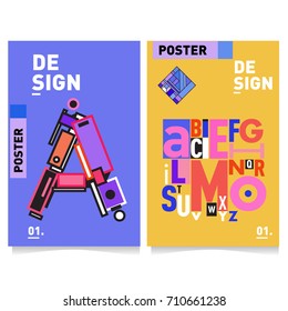 Vector covers design set with retro style. Cool geometric memphis style poster template with alphabets typography. Summer and autumn design template.