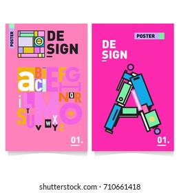 Vector covers design set with retro style. Cool geometric memphis style poster template with alphabets typography. Summer and autumn design template.