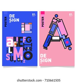 Vector covers design set with retro style. Cool geometric memphis style poster template with alphabets typography. Summer and autumn design template.