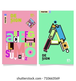 Vector covers design set with retro style. Cool geometric memphis style poster template with alphabets typography. Summer and autumn design template.