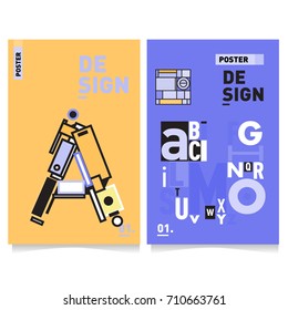 Vector covers design set with retro style. Cool geometric memphis style poster template with alphabets typography. Summer and autumn design template.