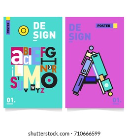 Vector covers design set with retro style. Cool geometric memphis style poster template with alphabets typography. Summer and autumn design template.
