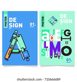 Vector covers design set with retro style. Cool geometric memphis style poster template with alphabets typography. Summer and autumn design template.