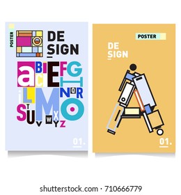 Vector covers design set with retro style. Cool geometric memphis style poster template with alphabets typography. Summer and autumn design template.