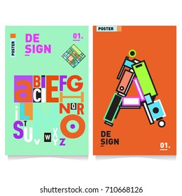 Vector covers design set with retro style. Cool geometric memphis style poster template with alphabets typography. Summer and autumn design template.