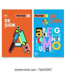 Vector covers design set with retro style. Cool geometric memphis style poster template with alphabets typography. Summer and autumn design template.