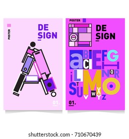 Vector covers design set with retro style. Cool geometric memphis style poster template with alphabets typography. Summer and autumn design template.