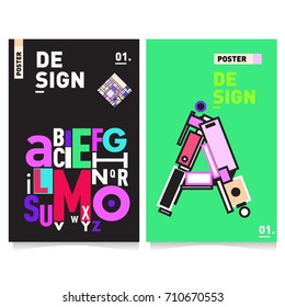 Vector covers design set with retro style. Cool geometric memphis style poster template with alphabets typography. Summer and autumn design template.