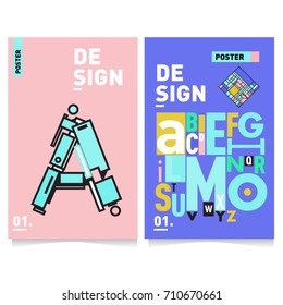 Vector covers design set with retro style. Cool geometric memphis style poster template with alphabets typography. Summer and autumn design template.