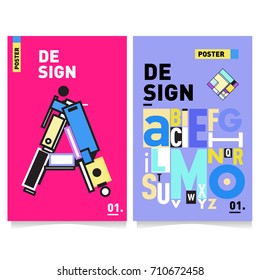 Vector covers design set with retro style. Cool geometric memphis style poster template with alphabets typography. Summer and autumn design template.