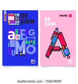 Vector covers design set with retro style. Cool geometric memphis style poster template with alphabets typography. Summer and autumn design template.