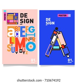 Vector covers design set with retro style. Cool geometric memphis style poster template with alphabets typography. Summer and autumn design template.