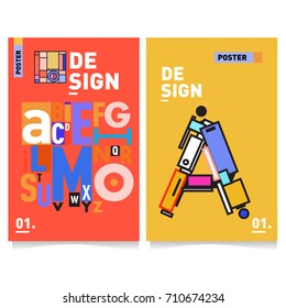 Vector covers design set with retro style. Cool geometric memphis style poster template with alphabets typography. Summer and autumn design template.