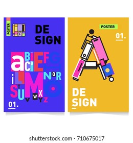 Vector covers design set with retro style. Cool geometric memphis style poster template with alphabets typography. Summer and autumn design template.