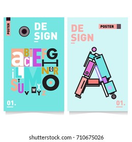 Vector covers design set with retro style. Cool geometric memphis style poster template with alphabets typography. Summer and autumn design template.