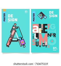 Vector covers design set with retro style. Cool geometric memphis style poster template with alphabets typography. Summer and autumn design template.