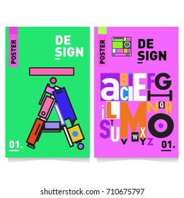 Vector covers design set with retro style. Cool geometric memphis style poster template with alphabets typography. Summer and autumn design template.