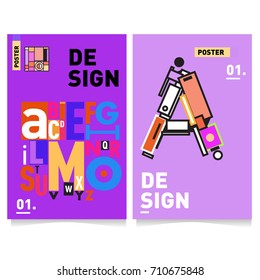 Vector covers design set with retro style. Cool geometric memphis style poster template with alphabets typography. Summer and autumn design template.