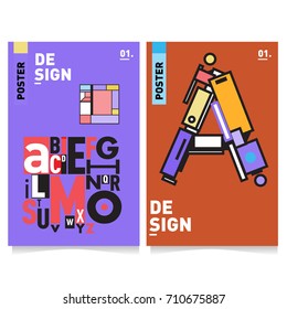 Vector covers design set with retro style. Cool geometric memphis style poster template with alphabets typography. Summer and autumn design template.