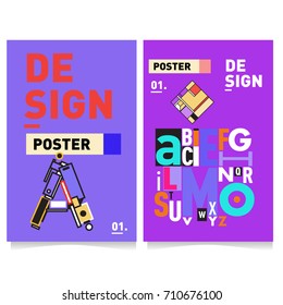 Vector covers design set with retro style. Cool geometric memphis style poster template with alphabets typography. Summer and autumn design template.