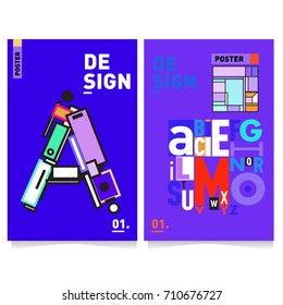 Vector covers design set with retro style. Cool geometric memphis style poster template with alphabets typography. Summer and autumn design template.