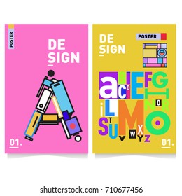 Vector covers design set with retro style. Cool geometric memphis style poster template with alphabets typography. Summer and autumn design template.