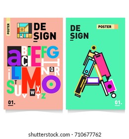 Vector covers design set with retro style. Cool geometric memphis style poster template with alphabets typography. Summer and autumn design template.