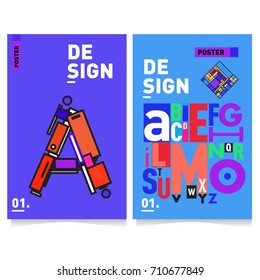 Vector covers design set with retro style. Cool geometric memphis style poster template with alphabets typography. Summer and autumn design template.