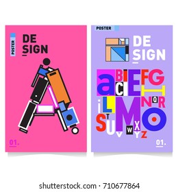 Vector covers design set with retro style. Cool geometric memphis style poster template with alphabets typography. Summer and autumn design template.
