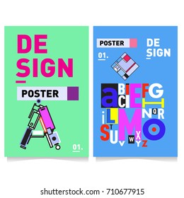 Vector covers design set with retro style. Cool geometric memphis style poster template with alphabets typography. Summer and autumn design template.