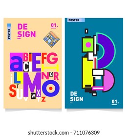 Vector covers design set with retro style. Cool geometric memphis style poster template with alphabets typography. Summer and autumn design template.