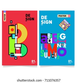 Vector covers design set with retro style. Cool geometric memphis style poster template with alphabets typography. Summer and autumn design template.