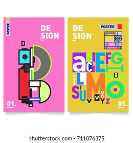 Vector covers design set with retro style. Cool geometric memphis style poster template with alphabets typography. Summer and autumn design template.
