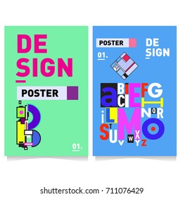 Vector covers design set with retro style. Cool geometric memphis style poster template with alphabets typography. Summer and autumn design template.