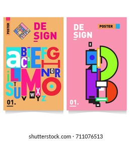 Vector covers design set with retro style. Cool geometric memphis style poster template with alphabets typography. Summer and autumn design template.