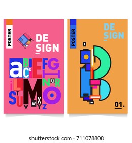 Vector covers design set with retro style. Cool geometric memphis style poster template with alphabets typography. Summer and autumn design template.