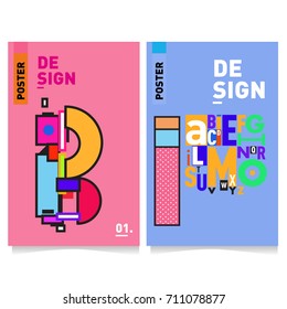 Vector covers design set with retro style. Cool geometric memphis style poster template with alphabets typography. Summer and autumn design template.