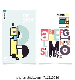 Vector covers design set with retro style. Cool geometric memphis style poster template with alphabets typography. Summer and autumn design template.