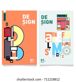 Vector covers design set with retro style. Cool geometric memphis style poster template with alphabets typography. Summer and autumn design template.